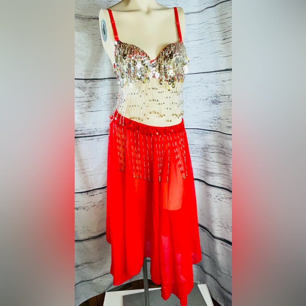Belly Dancer Costume Red Halloween Halter Top Skirt Sexy Beads Sequins Role Play